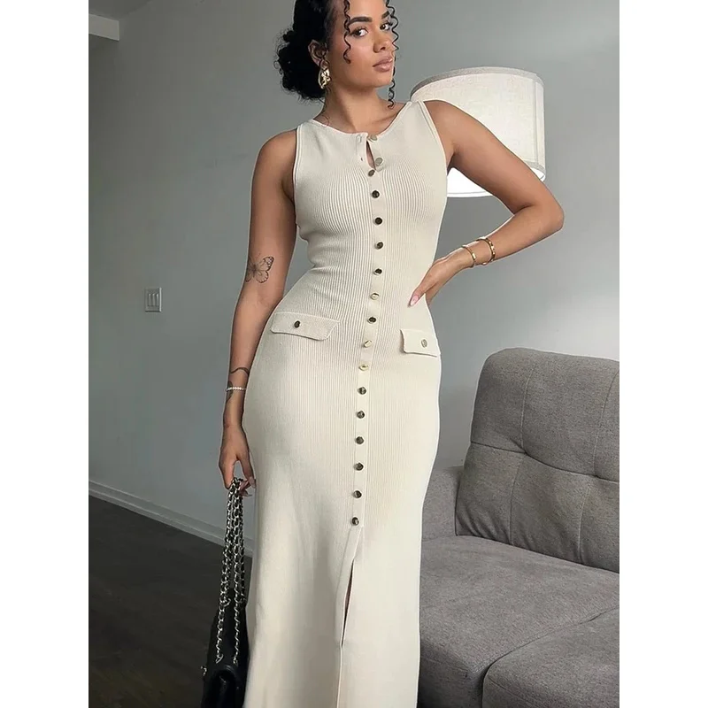 Bonny Abito lungo aderente lavorato a maglia estivo senza maniche o collo da ufficio elegante con tasche finte
