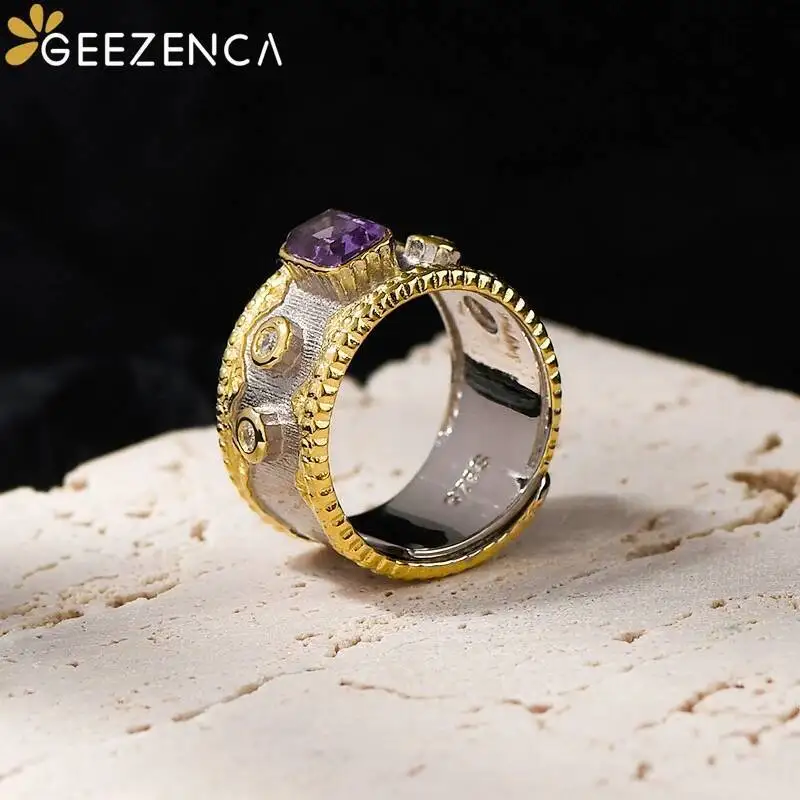 GEEZENCA Natural Amethyst 925 Silver Two Tone Chunky Rings Luxury Cocktail Ring Clearance Limited Stock First Come First Get