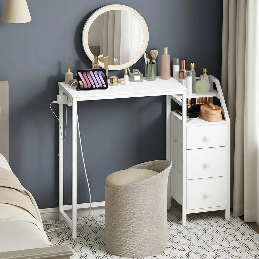 

Compact Makeup Vanity Desk with Power Outlet, White Desk for Small Spaces, Bedroom Use