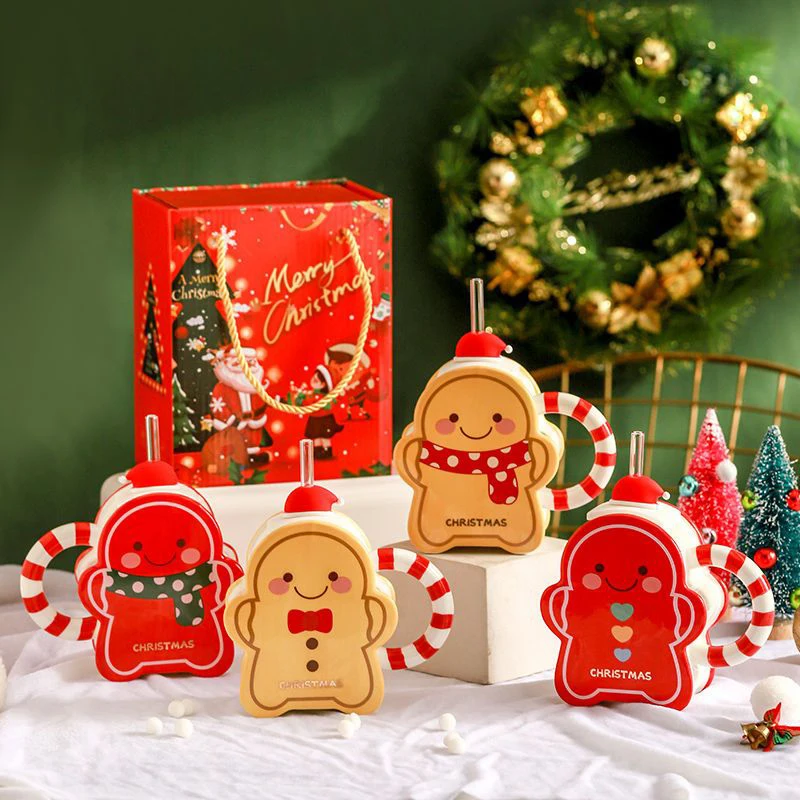 

Cute Gingerbread Man Straw Cup With Handle Ceramic Mugs Creative Water Glasses Christmas Gifts Kitchen Decor Coffee Milk Juice
