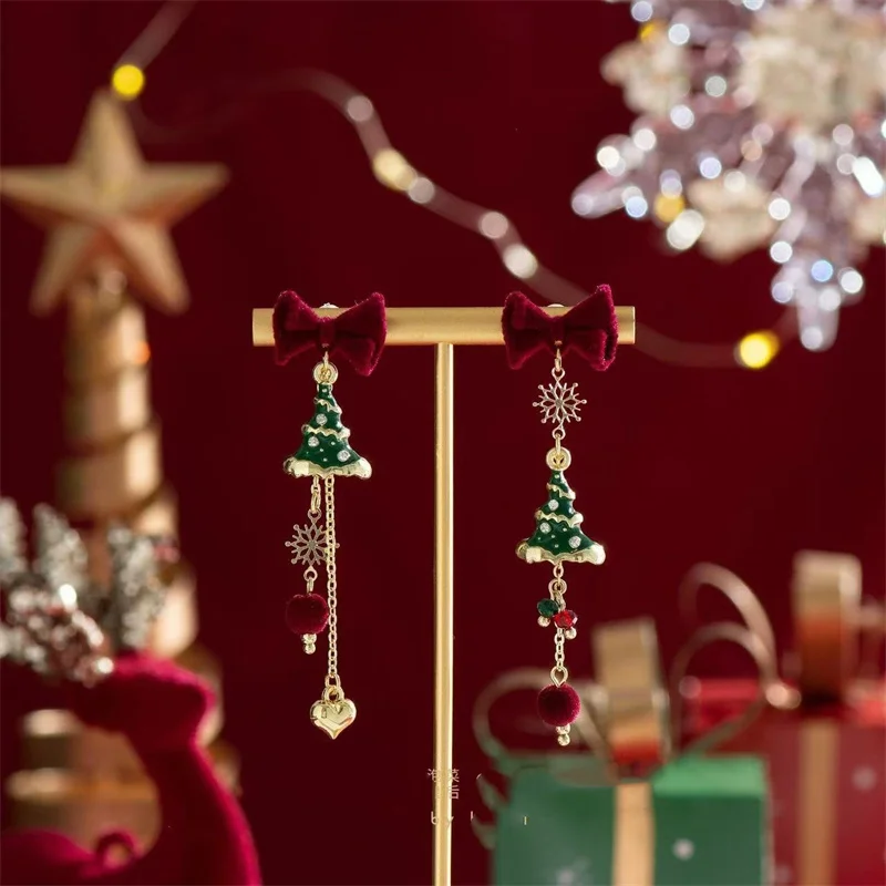 Vintage Wine Red Flocking Bowknot Drop Earring For Women Zircon Snowflake Christmas Tree Pearl Long Tassel Earring Party Jewelry