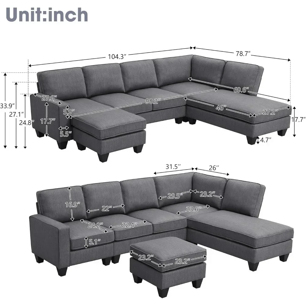 Modern L-Shaped Sectional Sofa,7-seat Linen Fabric Couch Set with Chaise Lounge and Convertible Ottoman for Living Room