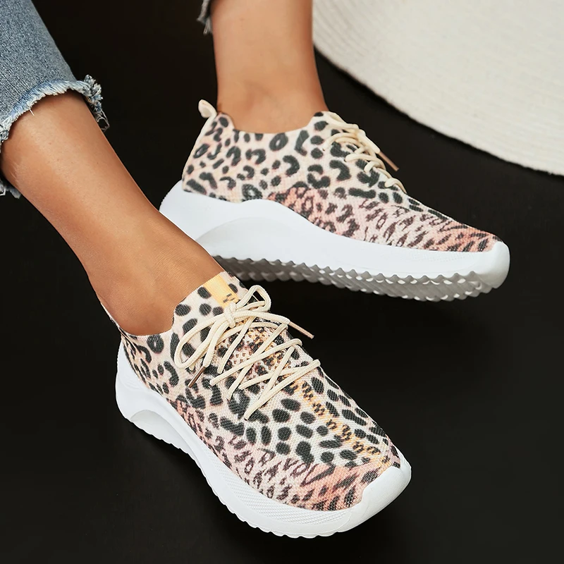 Fashion Leopard Knitted Sneakers for Women 2023 Autumn Slip On Walking Shoes Woman Lightweight Casual Sport Sneakers Plus Size