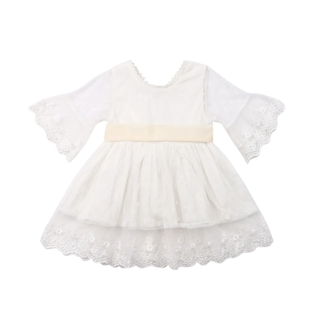 Spring Toddler Baby Girls Party Lace Dress Fashion Bridesmaid White Kids Knee-Length Long Sleeve Bow Wedding Princess Dresses