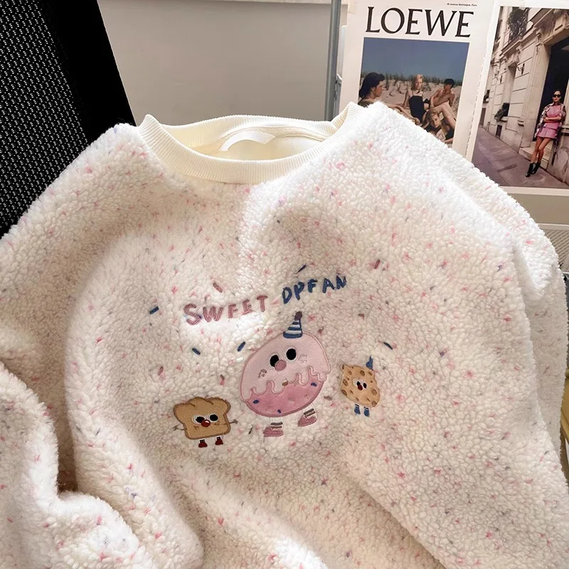 Lamb Wool Sweatshirt Women's Winter Plus Velvet Embroidery Round Neck Top Plus Size Women's Pullover