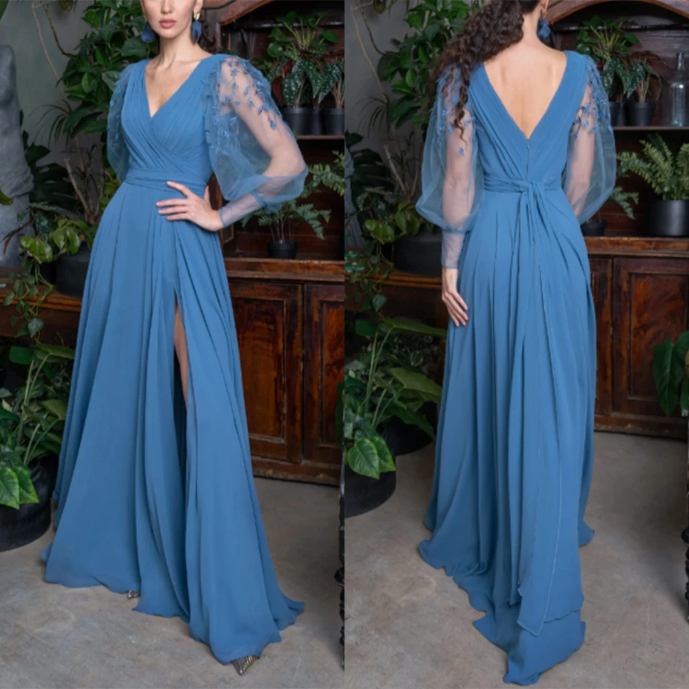 Customized V-neck Blue Floor Length Appliques Elegant Dress Women for Wedding Party Ballkleider Kleider Damen Elegant فستان Robe