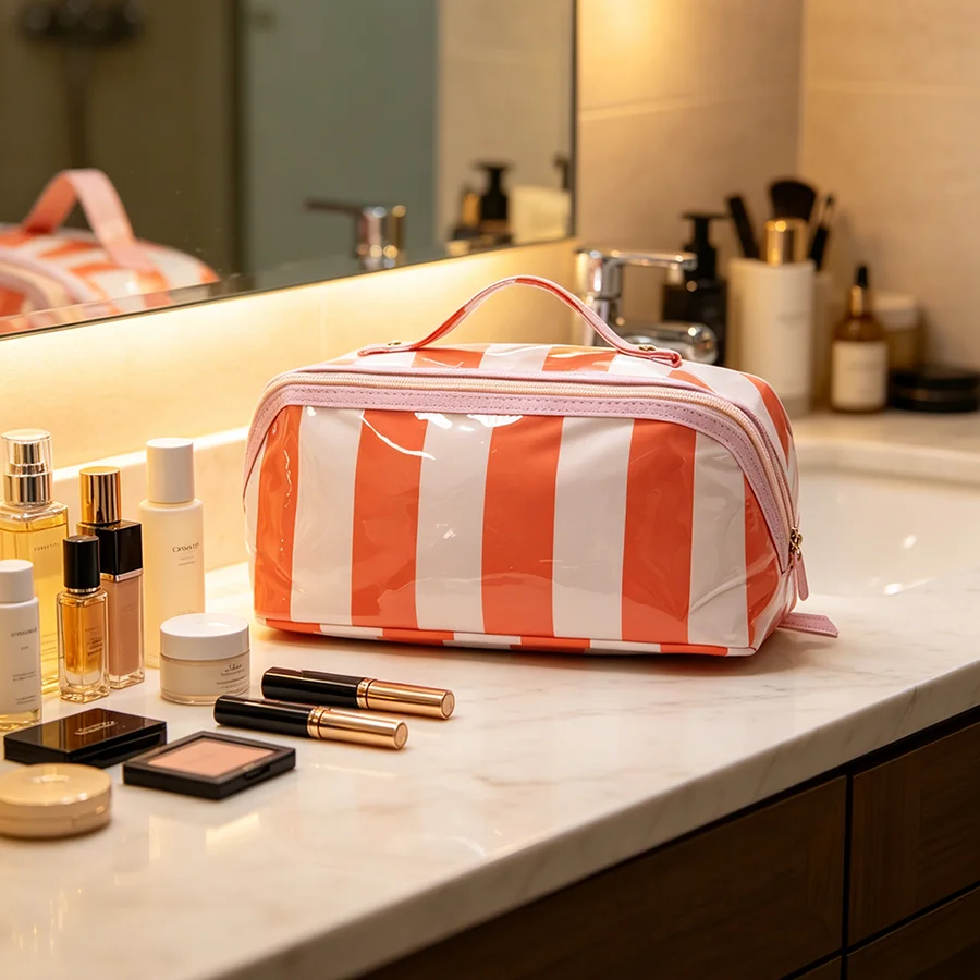 PVC Cosmetic Bag For Women Large Capacity Waterproof Portable Pouch Open Flat Toiletry Bag With Handle