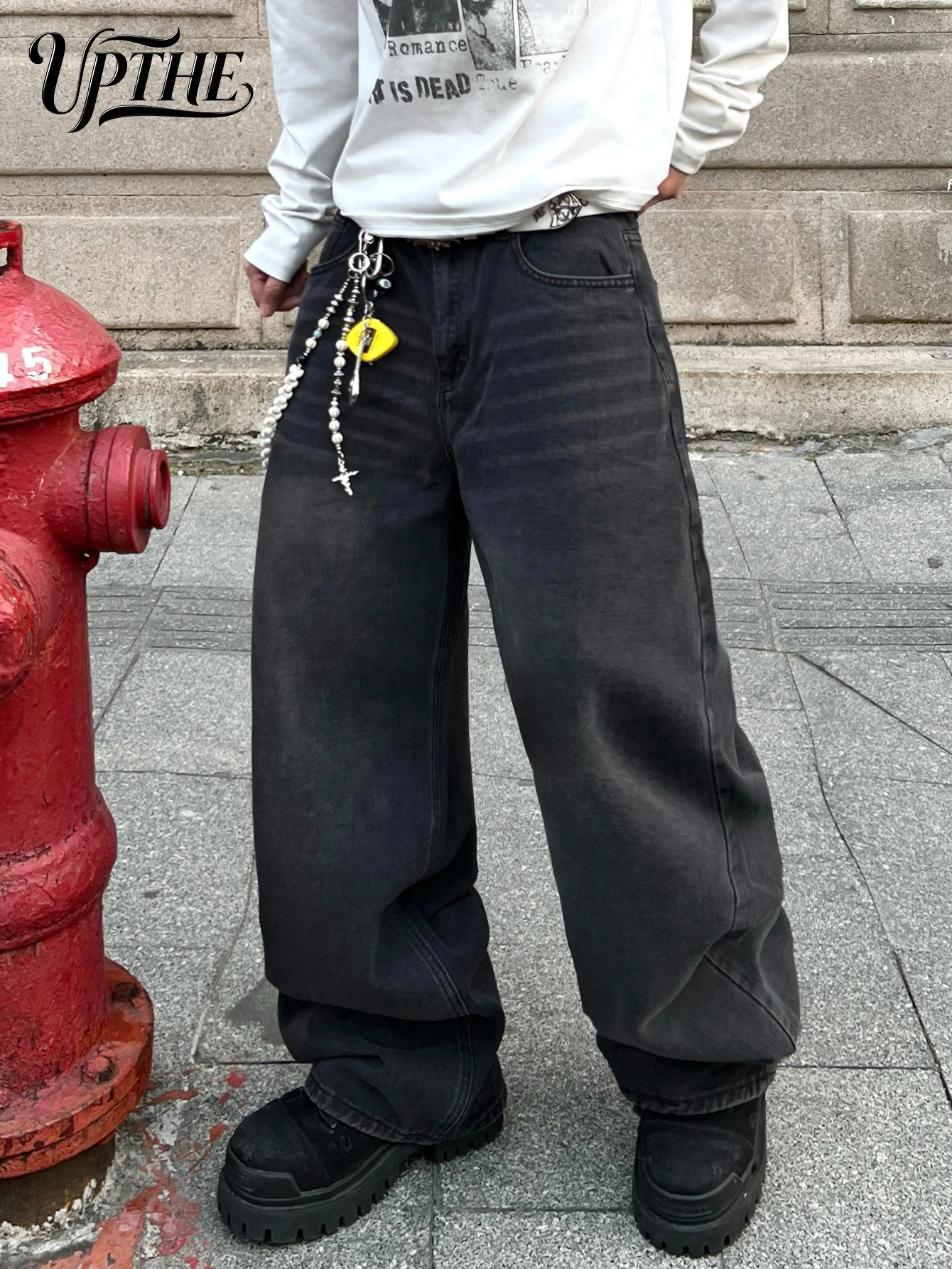 UPTHE Men's Black Washed Baggy Wide Leg Jeans, Vintage Faded Loose Denim Pants, Hip Hop Streetwear Oversized Trousers