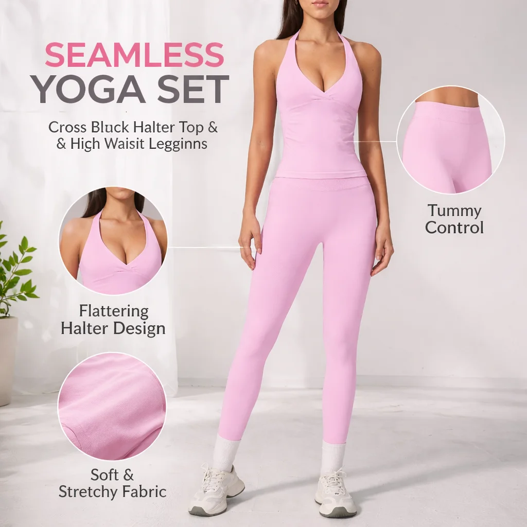 Women's Halter Deep V-Neck Twist-Front Longline Crop Top & High-Waist Seamless Leggings Set Matching Gym Activewear with Padded