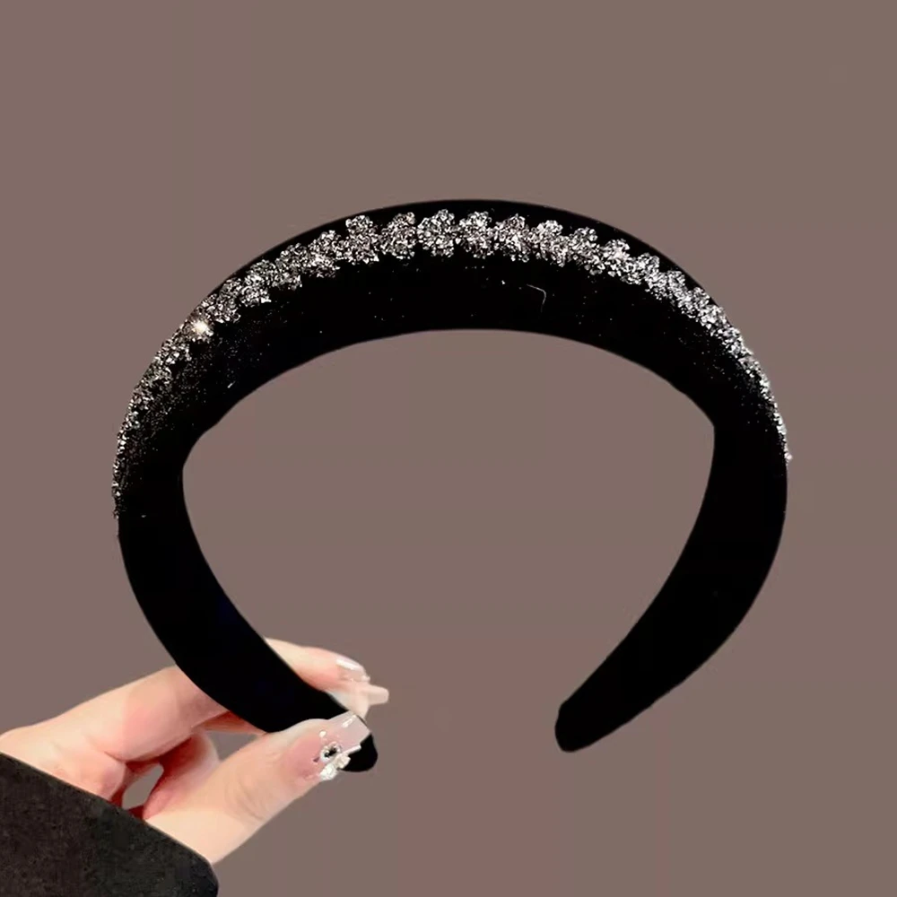 Wide Padded Velvet Rhinestone Headband For Women Girls Sparkling Crystal Hair Hoop Elegant Wedding Party Daily Hair Accessories
