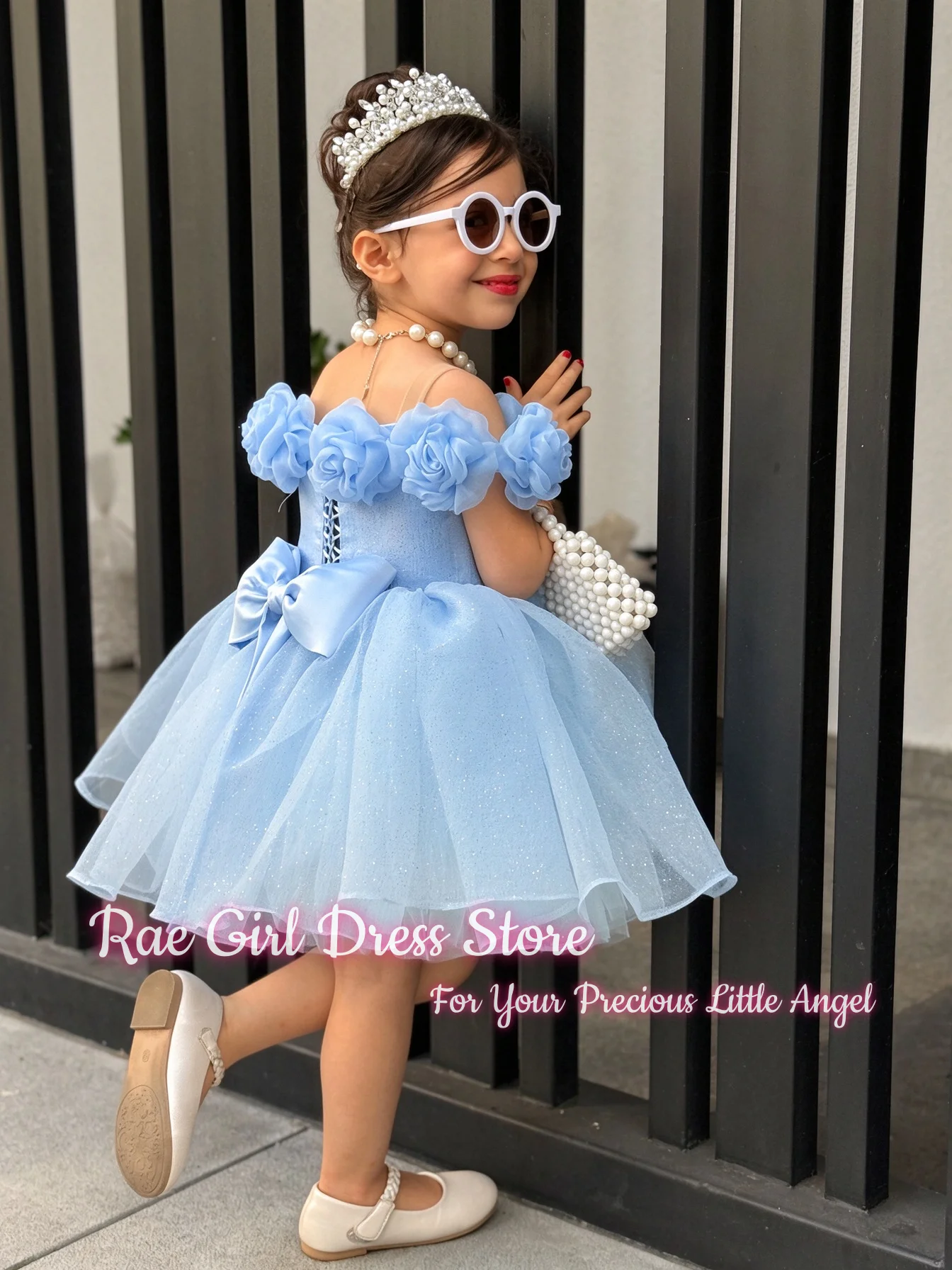 Light Blue Flower Girl Dress For Wedding Birthday Pageant A Line Short Puffy Gown Glitter Tulle Off Shoulder 3D Rose Decor Gowns