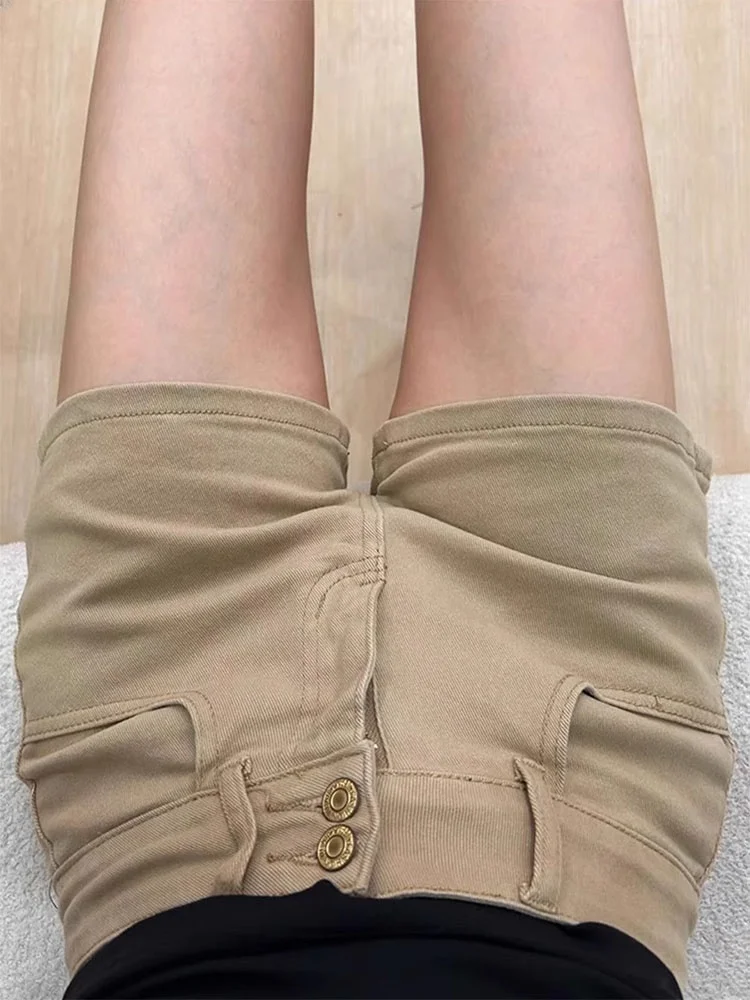 

plus Size Khaki Elastic Denim Shorts Women's High Waist Slimming Vintage American A-Line Straight Leg Hot Pants Casual Style