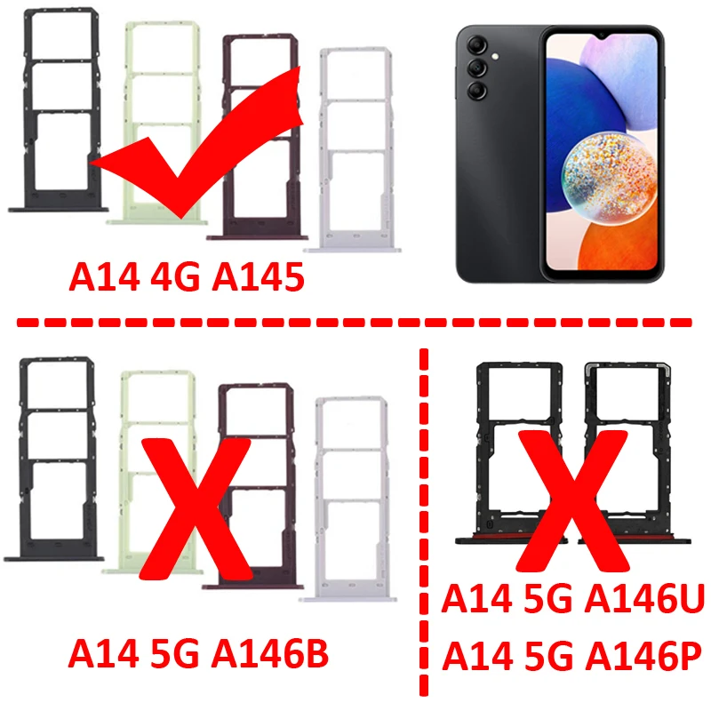 For Samsung Galaxy A14 4G A145 A145F Phone SIM Tray Micro SD Chip Card Slot Drawer Holder Pocket Single Dual Parts Black Silver