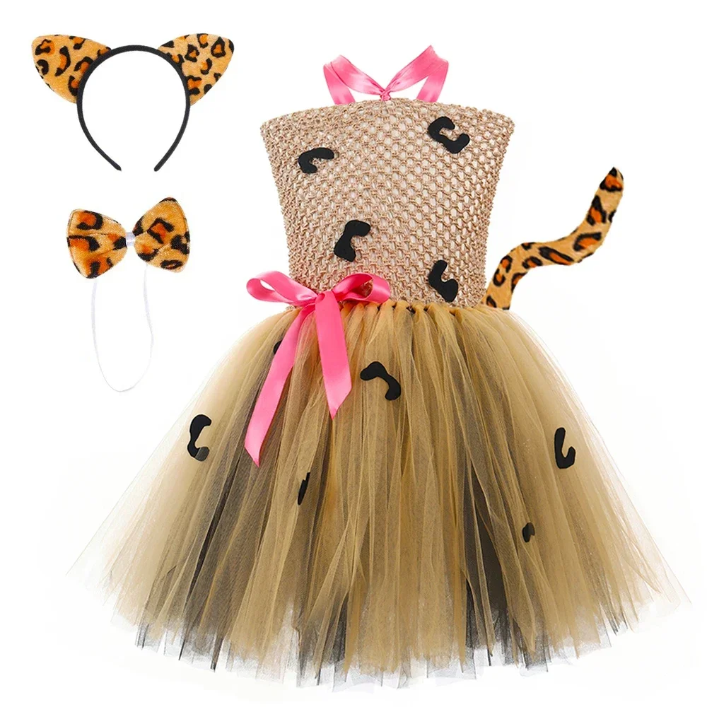 Leopard Cat Cheetah Costume  Girls Jungle Themed Birthday Party Kids Halloween Carnival Animal Outfits Tutu Dress with Ears Tail