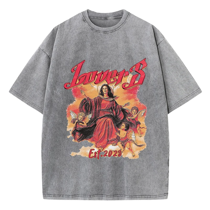 Street Women Washed T-Shirts Virgin Mary Lovesprinted Tee Shirts Comfortable Crewneck Cotton Oversize Tees Summer Female Clothes