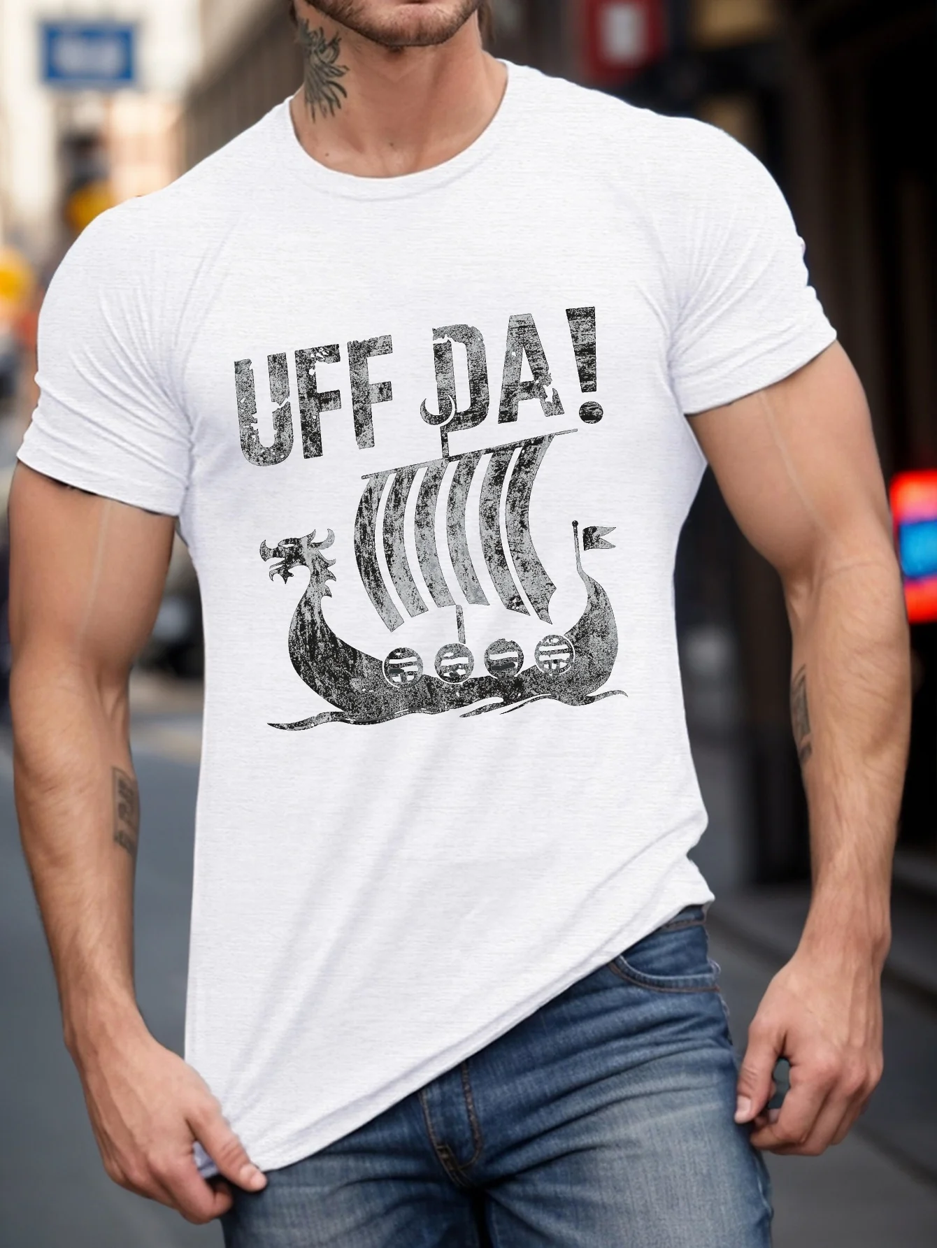 

New t-shirt-[Casual Slight Stretch Summer Tee] Plus Size Men's T-Shirt with Uff Da Viking Ship Graphic - Casual Polyester