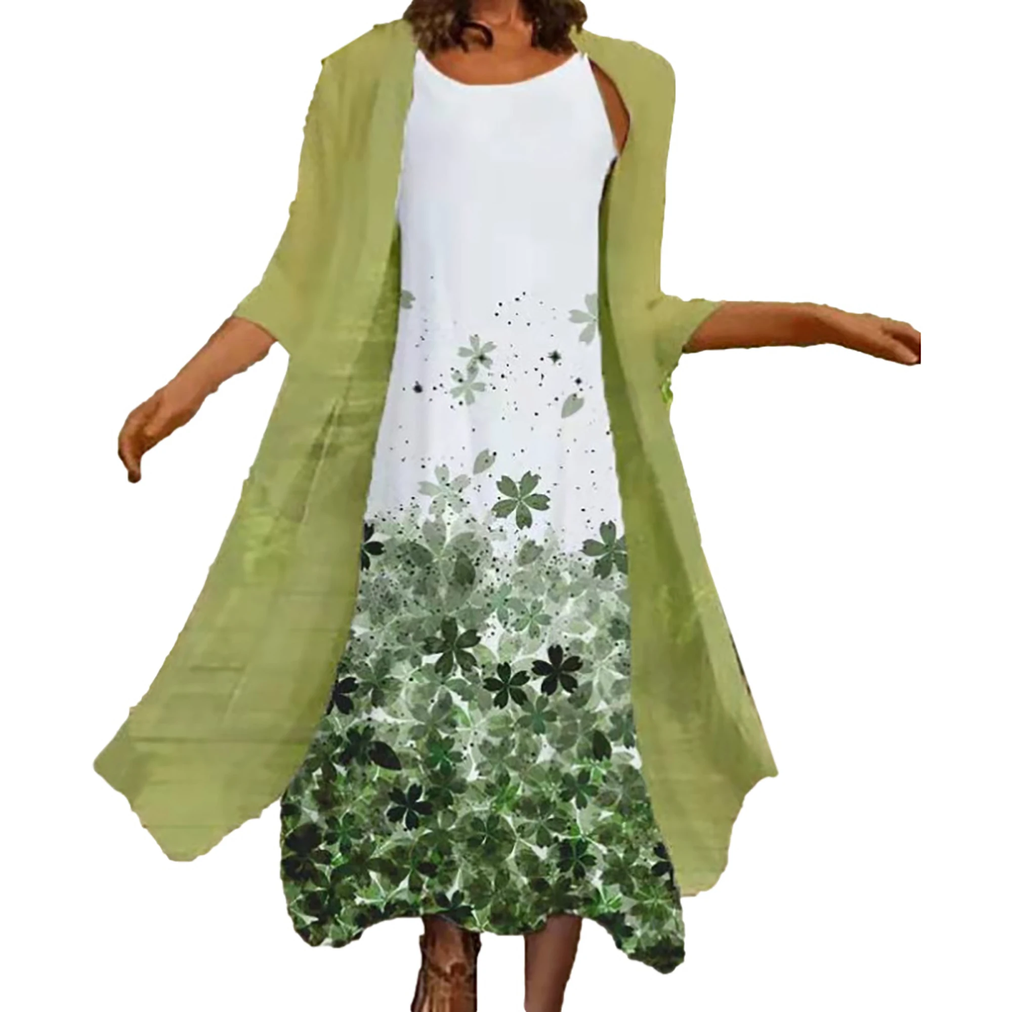 2024 Europe and the United States spring and summer new women\'s two-piece set of printed round neck long skirt chiffon pocket ou