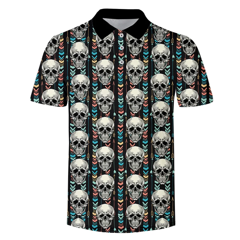 Men's Polo Shirt Stitching Color Print Polo Shirts Men Short-Sleeved Tees Shirt Summer Shirt Man Clothing Ethnic Retro Skull