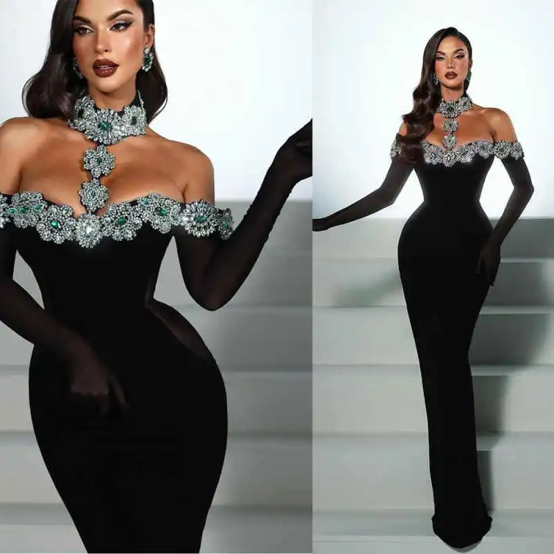 

Elegant Prom Dress Mermaid Evening Dress Long-Sleeve O-Neck Straps Crystals Appliques Satin Prom Gowns Plus Size Customized