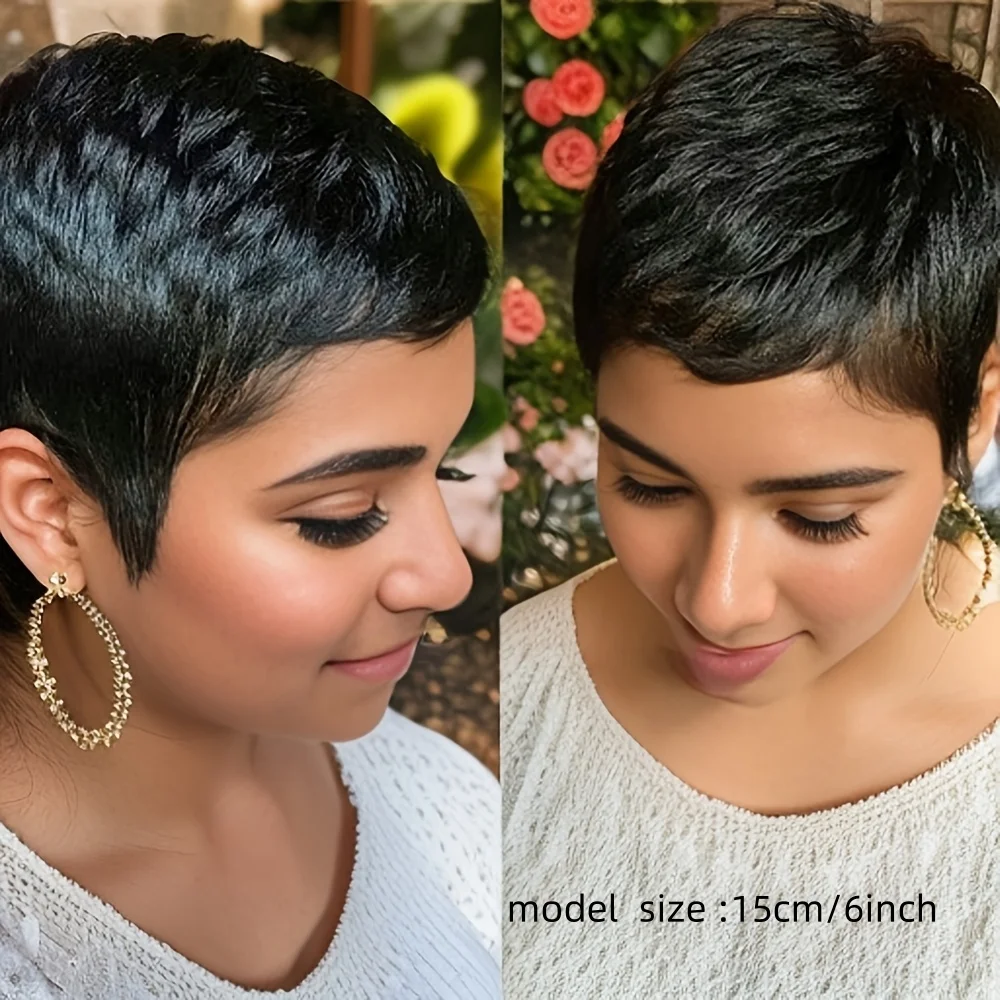 픽시 컷 스트레이트 가발 여성용 100% 인모 머신 메이드 천연 헤어라인