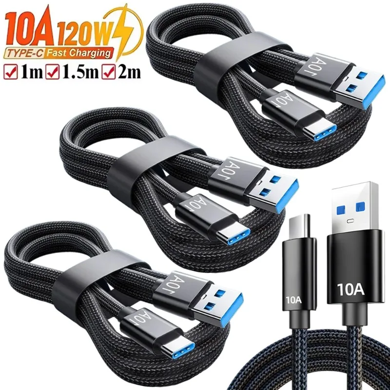 120W Cable Super Fast Charge Cable USB A to Type C Data Cord Knit Line For Xiaomi POCO Samsung iPhone 10A Quick Charging Cables