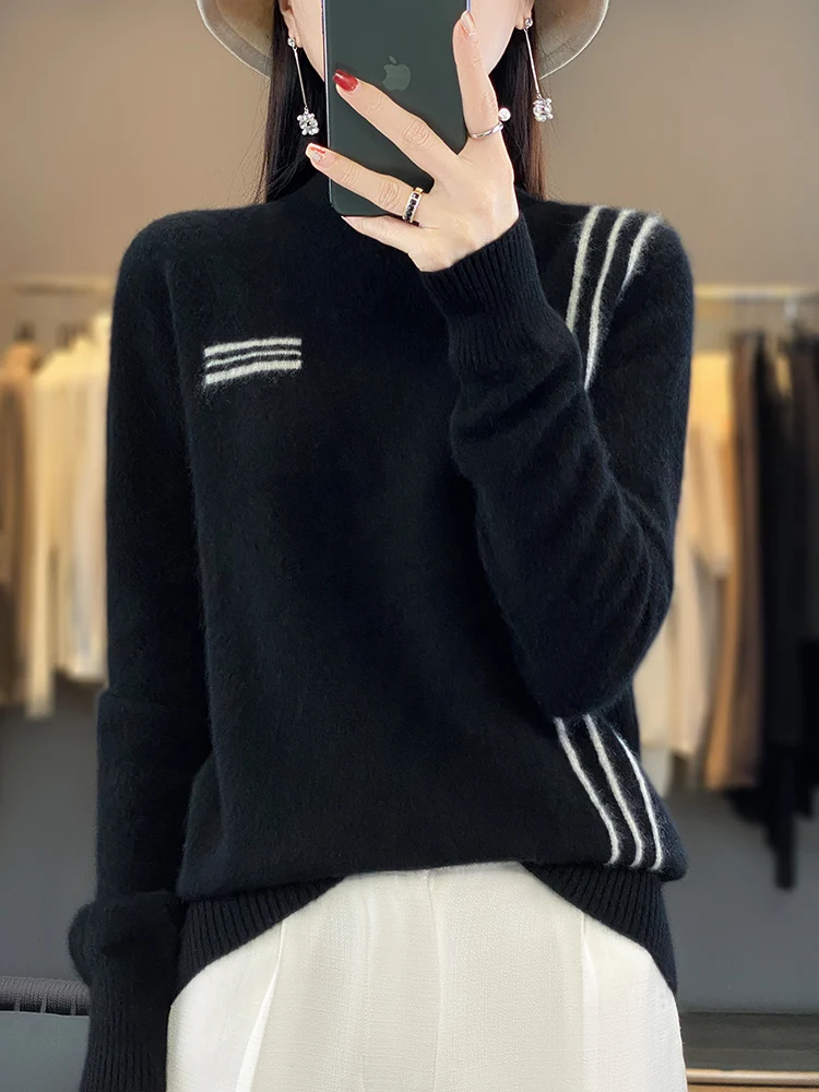 Autumn Winter 100% Merino Wool Women's Sweater Mock-neck Pullover Cashmere Knitwear Clothing Korean Popular Female Jumper Tops