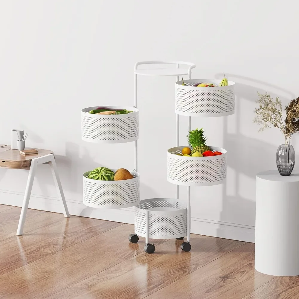 

Rotating Fruit Basket, 5-Tier Metal Sturdy Kitchen Storage Rack Shelf Carts No Assembly on Rolling Wheels for Fruit Vegetabl