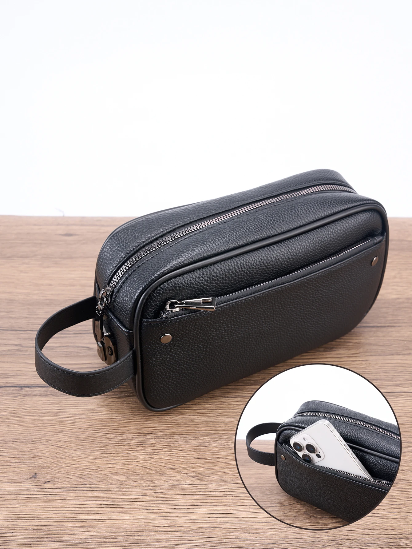 

Men's PU Leather Lockable Wristlet Handbag - 23cm Large Capacity Slim Briefcase with Anti-Theft Code Lock, Phone Pocket & Wrist
