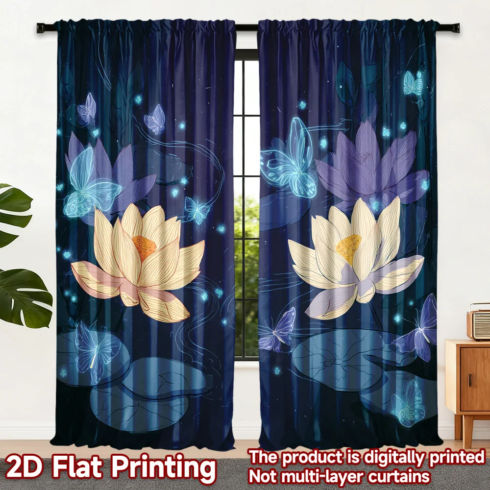 Mystical Lotus Curtains, Blue Glowing Flower Drapes, 3D Digital Print Window Treatment Zen Home Decor Living Room Blackout Panel