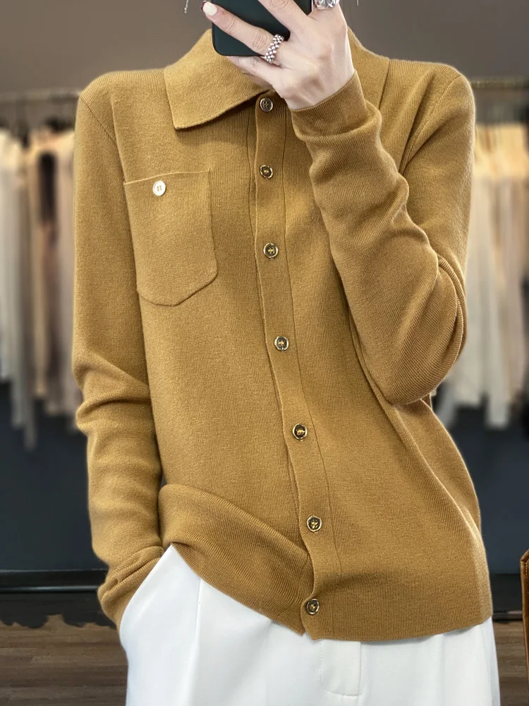 Cardigan in lana pettinata da donna, colletto polo, manica lunga, top in maglia, camicia da pendolare, camicette semplici alla moda, capispalla,