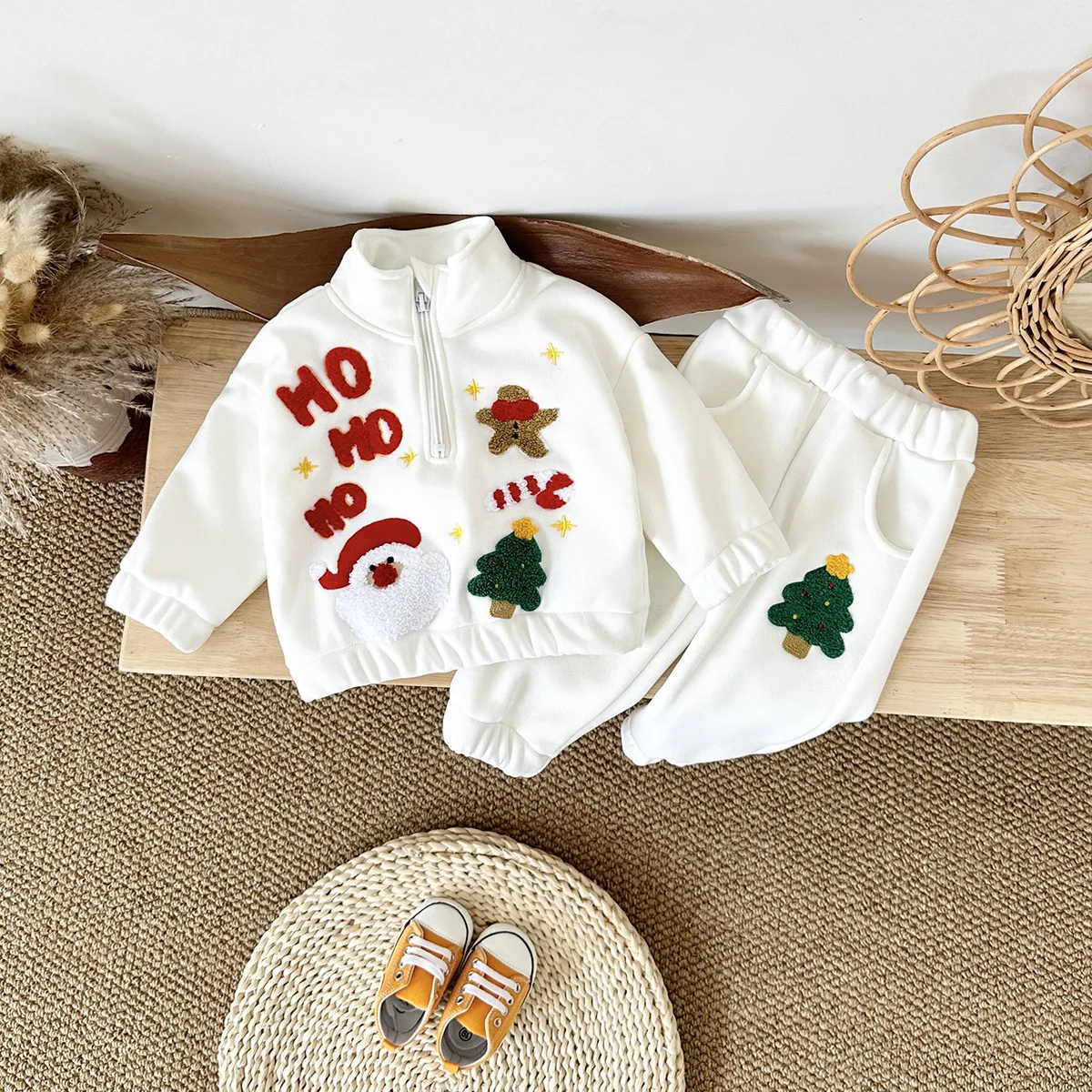 Christmas Day Baby Set Winter Boys Clothes Santa Claus Embroidery Thick Up Collar Top+Pants Warmth Kids Clothes Sportswear 2Pcs