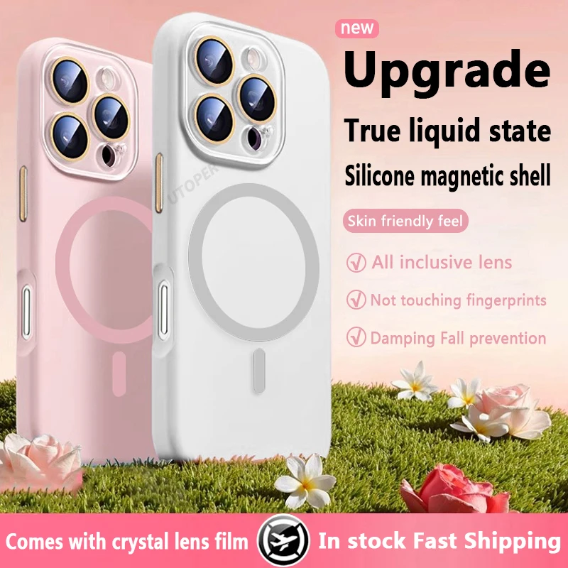 

Fashion Crystal Lens Liquid Silicone Gel Case for iPhone 16 15 14 13 12 11 Pro Max Plus Fall Prevention Magsafe Magnetic Cover