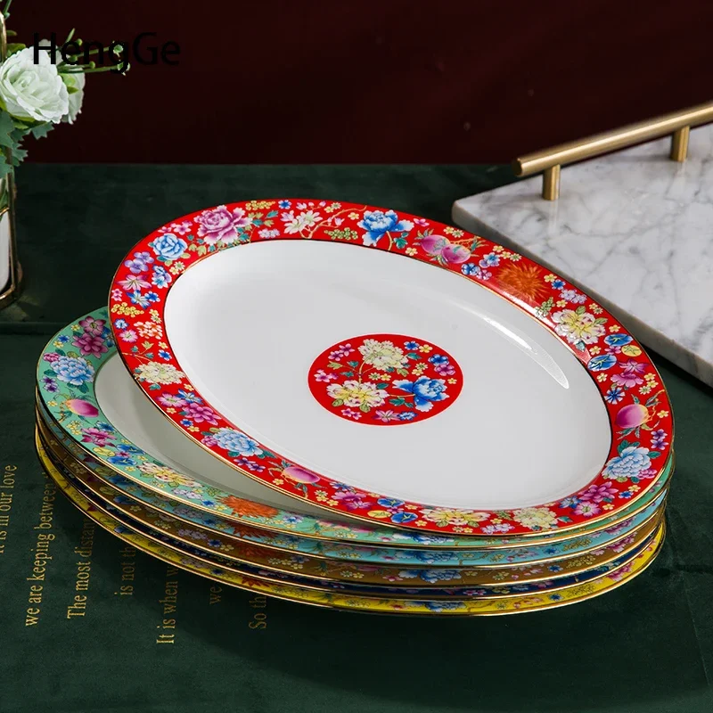 Enamel Colored Ceramic Plate with Retro Texture Large Size Fish Plate Hotel Restaurant Tray Salad Dishen Household Tableware