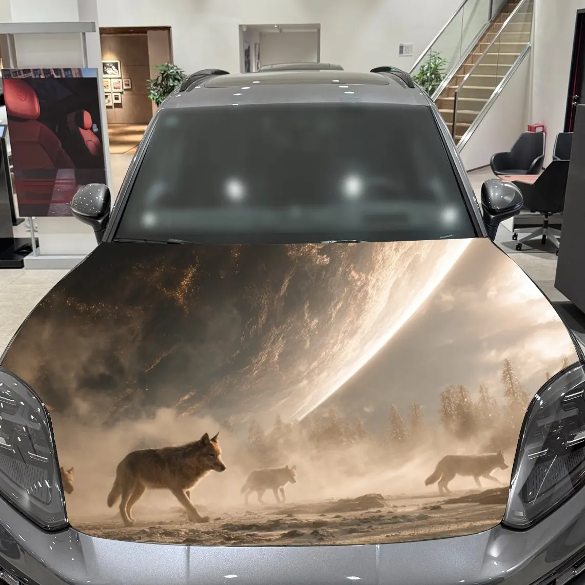 شارات السيارة حزمة الذئب في الخيال العلمي - المناظر الطبيعية الضبابية المستوحاة من Fi مع مشهد الجسم السماوي خلق ملصق غطاء السيارة، مقاوم للماء الذاتي