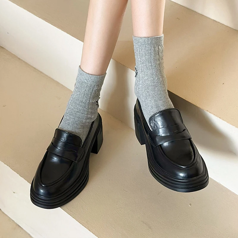 

Осенние женские кожаные лоферы Penny на высоком каблуке в британском стиле, модные женские туфли на платформе и массивном каблуке на толстой подошве