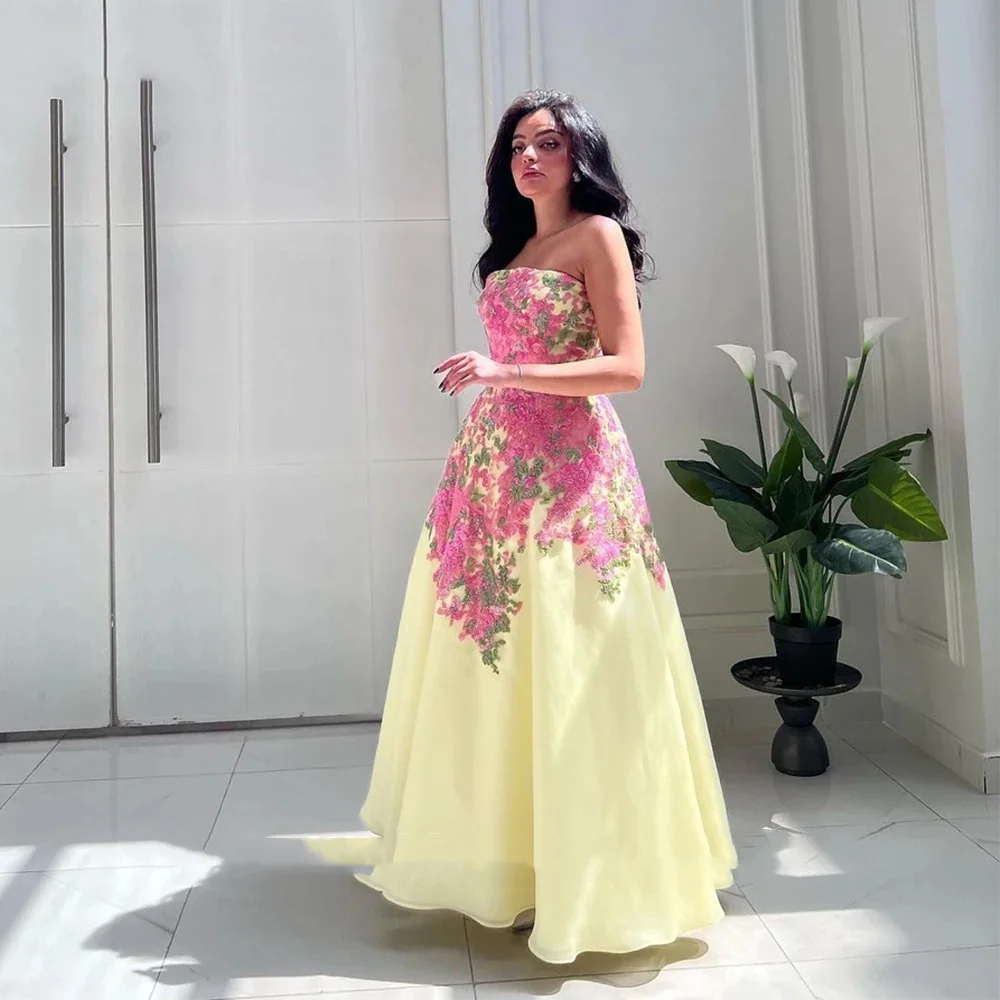 Customized and elegant yellow floral lace A-line evening dress, saudi arabia strapless floor mopping ball dress, formal party