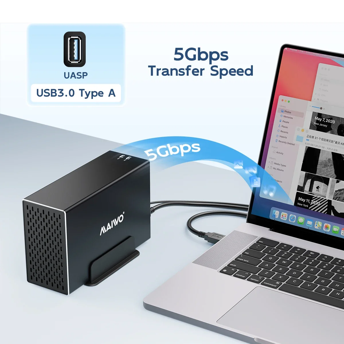 MAIWO casing kapasitas 2.5/3.5 inci, SATA RAID HDD stasiun Dok Dual Bay Hard Drive eksternal RAID USB3.0 hingga 5Gbps