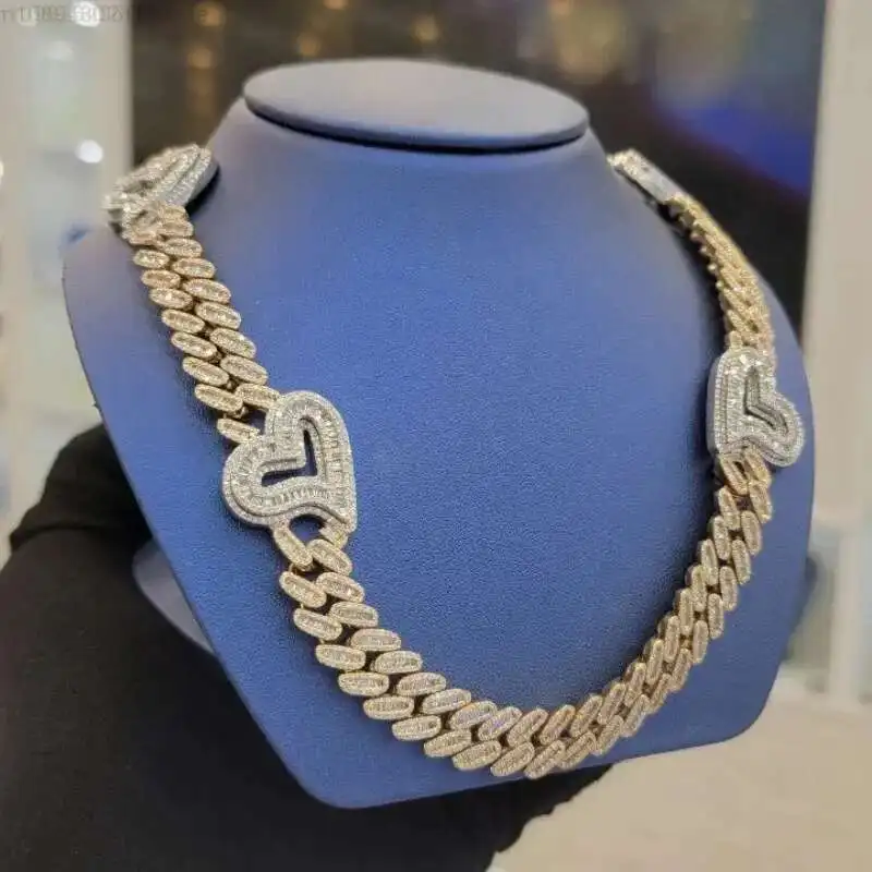 12MM VVS Baguette Hiphop Iced Out Custom Heart Charm 925 Sterling Silver Gold Plated Moissanite Cuban Chain