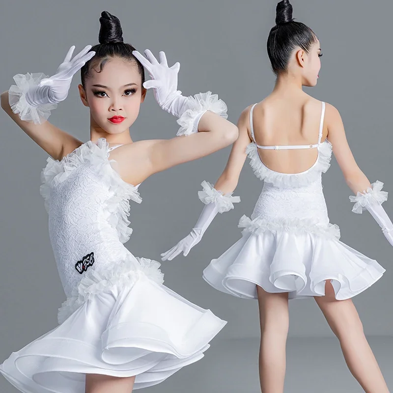 Blue White Black Latin Dance Dress Girls Performance Latin Dance Costume Kids Rumba Samba Chacha Ballroom Dancing Wear