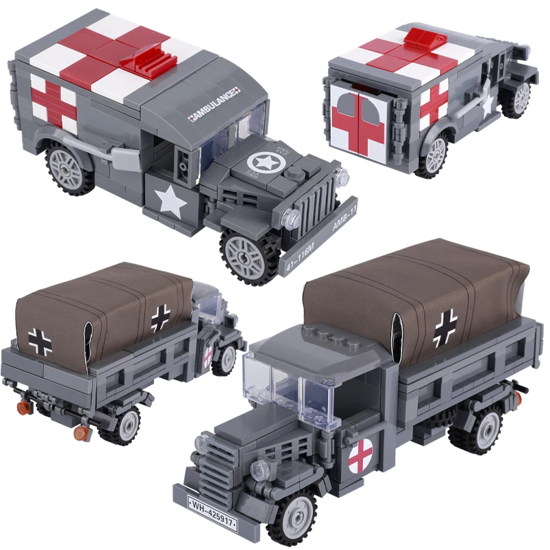 Military Mini Car Model Building Blocks WW2 German Soldier Truck US WC54 Medical Vehicle Doctor Figures Army Ambulance Kids Toys