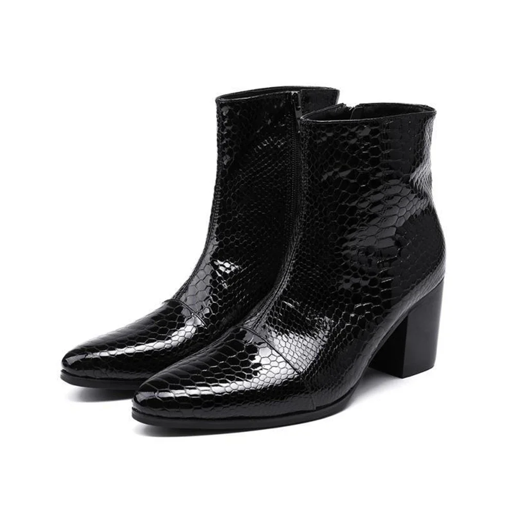 

Black Patent Leather Zipper Thick High Heels Pointed Toe Boots Male Plus Size Fashion Party British Style Wedding Dress Shoes