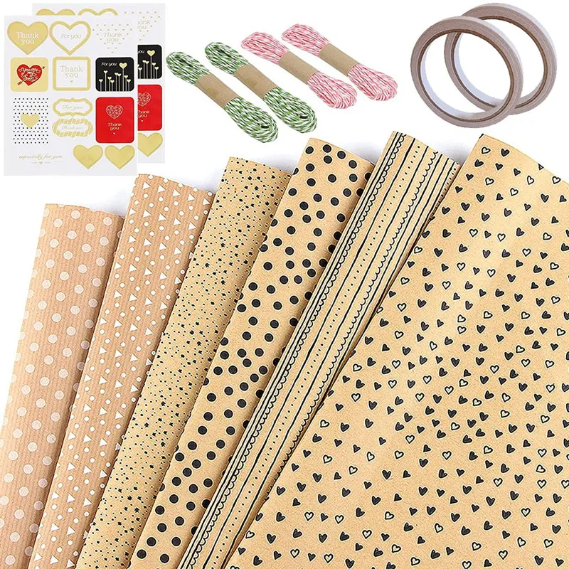 Kraft Wrapping Paper Set,12 Sheets Brown Gift Wrap Paper Multi Pattern Lattice Wave Dot Stripe For Holiday Wedding Wrap