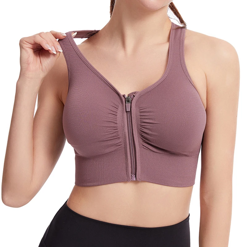 VEQKING Front Zipper Sports Bra Women Gathered Yoga Top Shockproof Bra Breathable Racer Back Bra Gym Fitness Boxing Bra