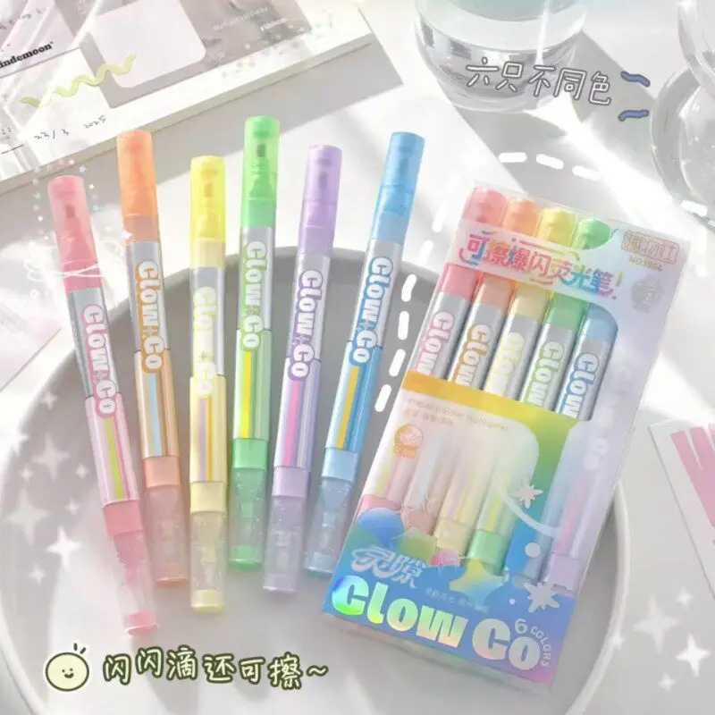 6 Pcs Erasable Flash Stacked Color Highlighter Student Color Marker Scribing Marker Highlighter Marker Pens Highlighters