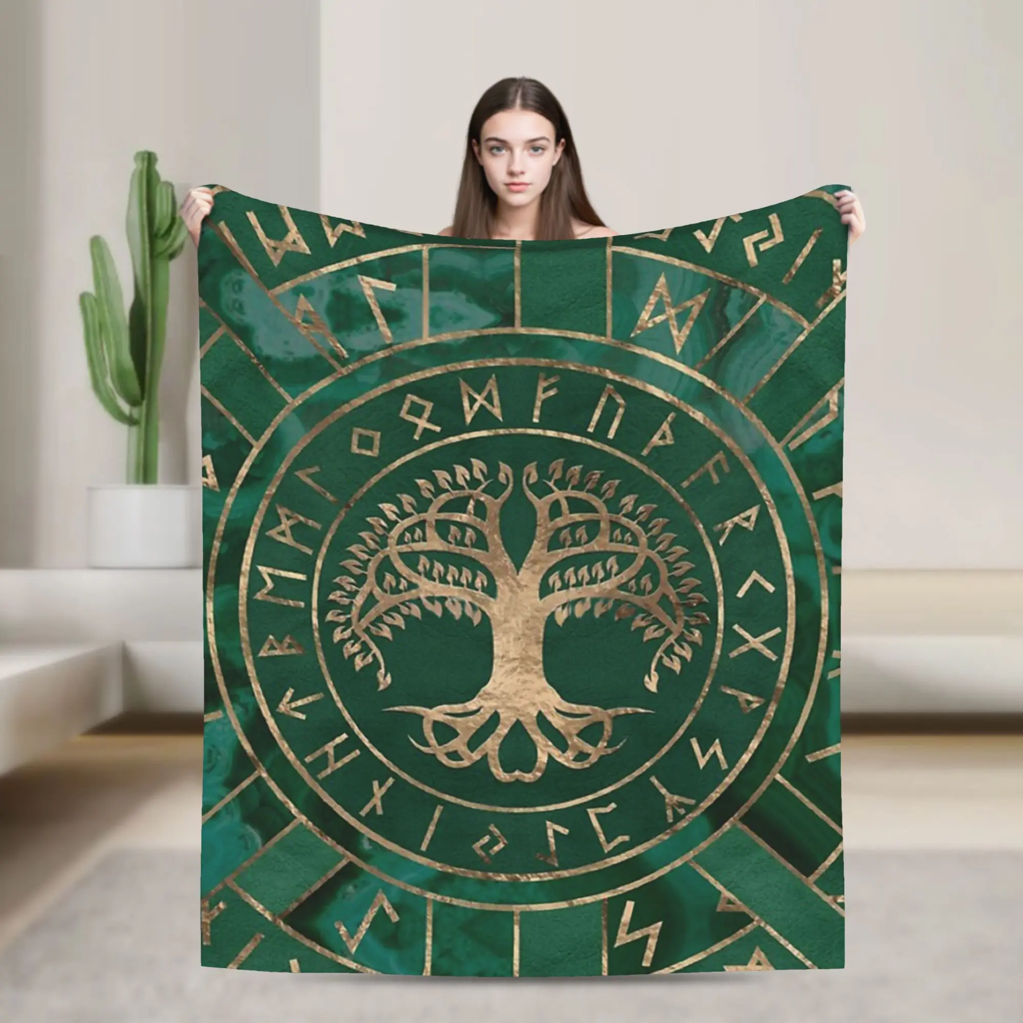Tree Of Life Yggdrasil and Futhark Malachite Blanket Cover Fleece Vikingg Warm Throw Blankets for Bedding Couch Bed Rug