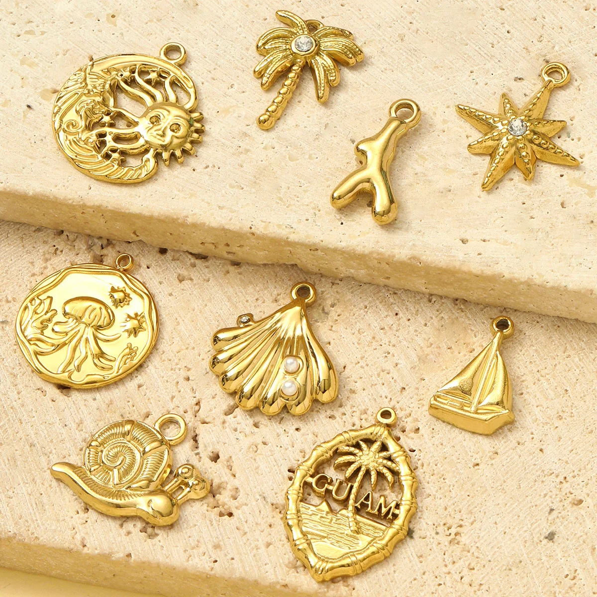 3pcs/Lot Wholesale Stainless Steel Pearl Shell Snail DIY Charms Moon Sun Star Necklace Pendants Women Plam Sailboat Jewelry