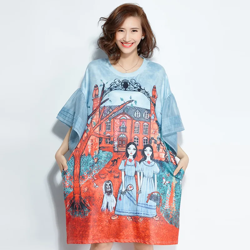 

Summer Short Sleeve Oversized Dress Plus Size Women's Cartoon Printing T-shirt Beach Vacation Loose Dress Female Clothing