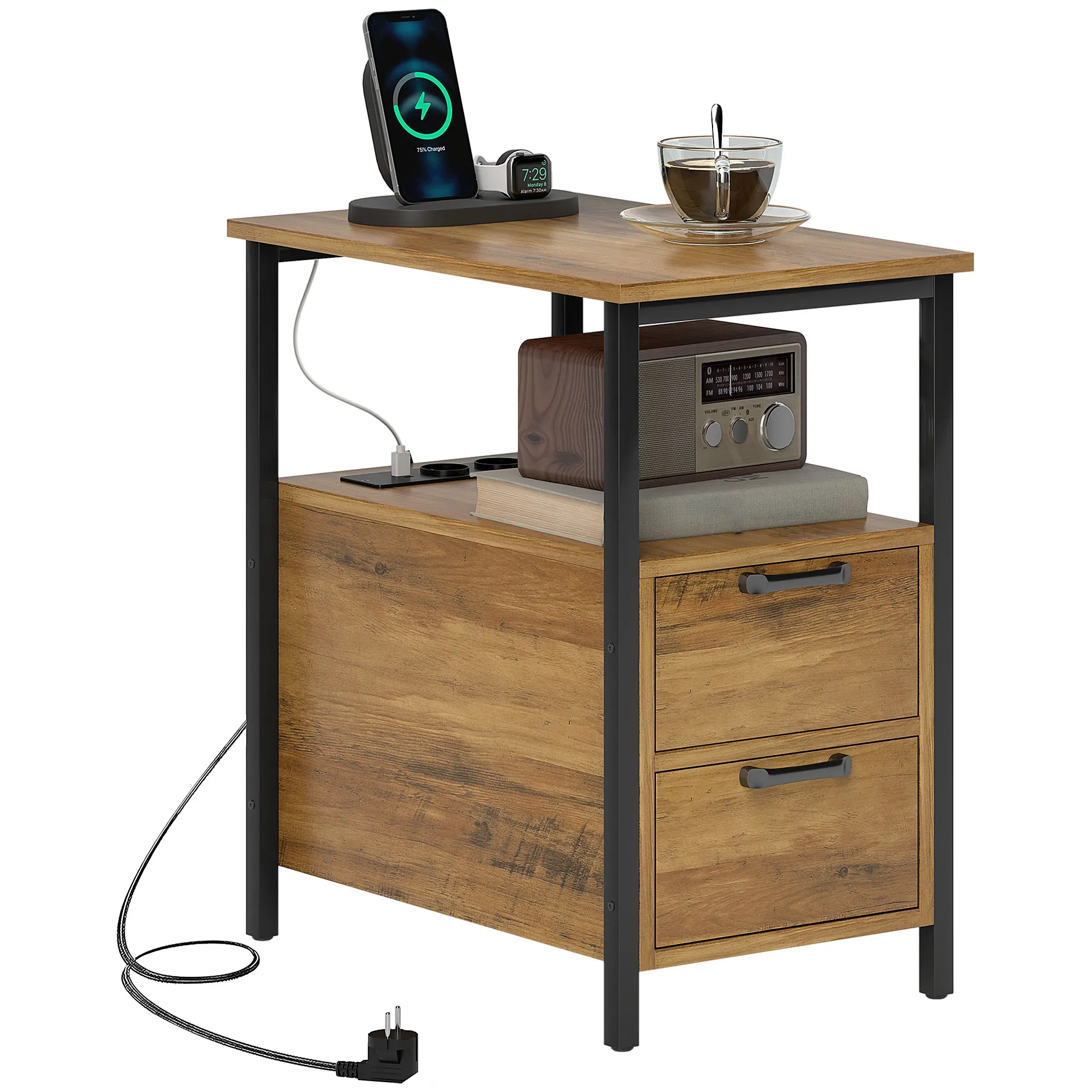 Table d'appoint table de chevet avec 2 prises port USB 1 prise type C câble de 143 cm tiroirs et étagère bois naturel