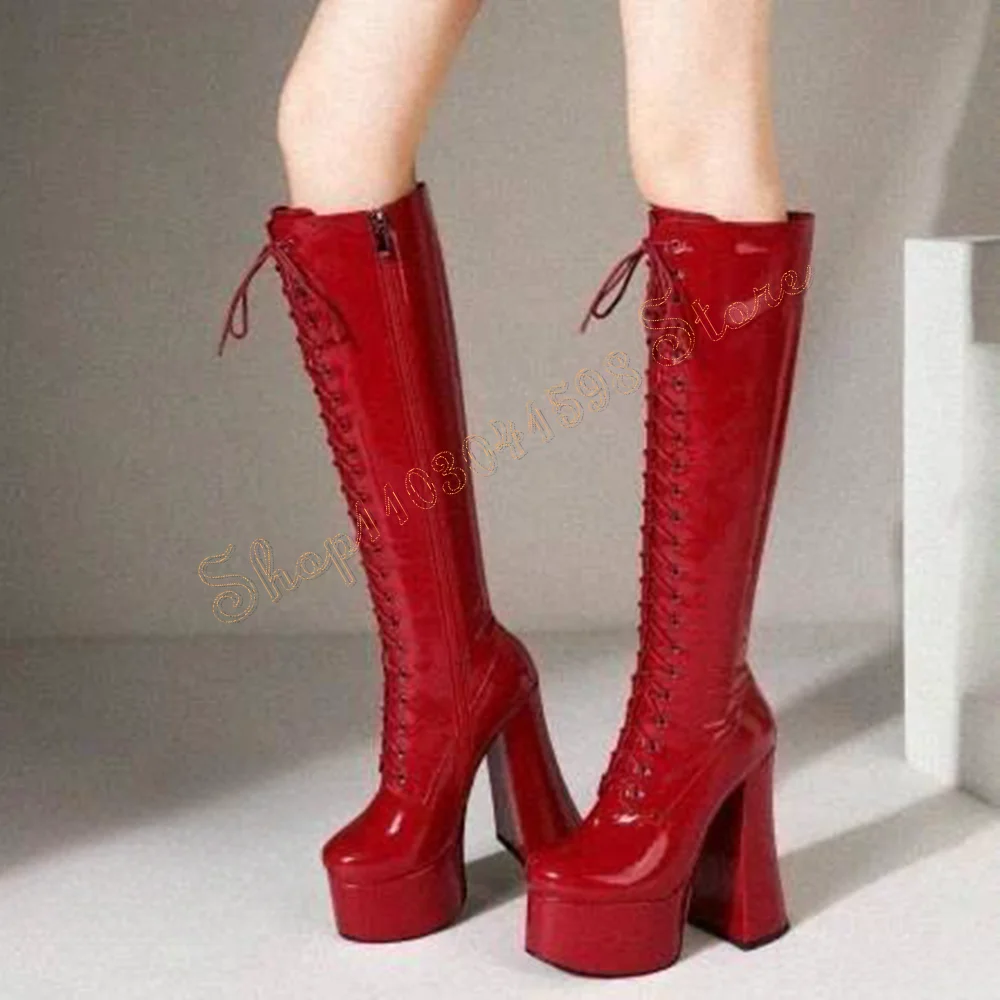 Red Platform Lace up Side Zipper Boots Matte Leather Thick Heel High Heel Shoes for Women Heels 2024 New Zapatos Para Mujere