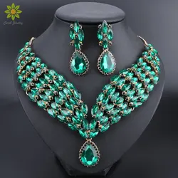 New Green Crystal Statement Necklace Earrings Set Gold Color Jewelry Sets Indian Bridal Wedding Costume Jewellery